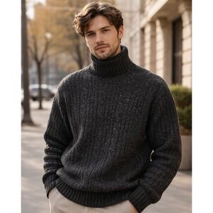 J.Crew VTG Turtleneck Sweater Mens XXL Lambswool Cable Knit Fisherman Dark Grey